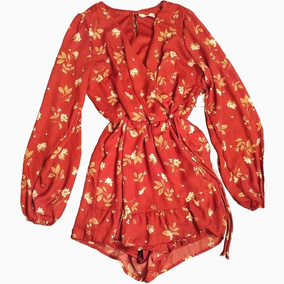 NWT Altar’d State Floral Romper, Long Sleeve Ruffle Detail, Cherry&Tan, Small - Picture 1 of 7